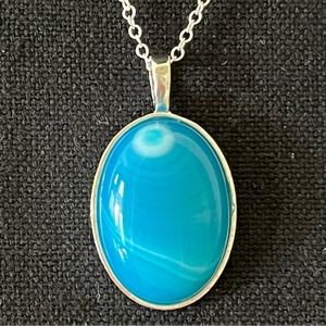 Blue Brazilian Agate Pendant with Sterling Silver Rolo Chain